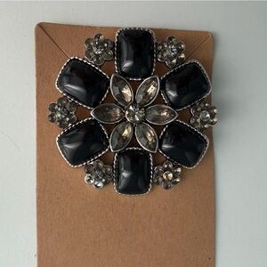 Vintage-Style Black and Clear Rhinestone Floral Brooch